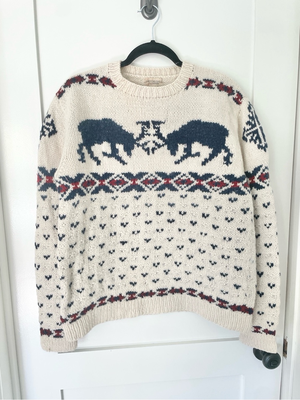 Vintage 90’s American Eagle lambs wool Men’s Hand Knit intarsia Sweater